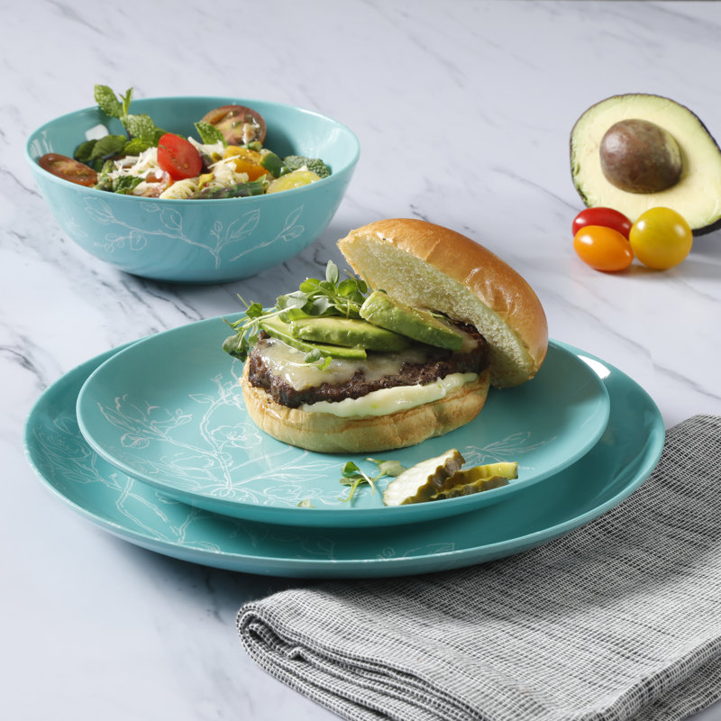 Teal Floral Melamine Round Dinnerware Set, Service for 4