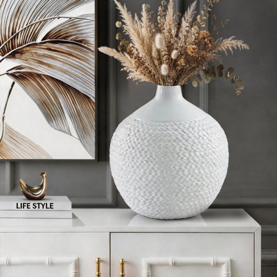 14.17" High-Fired Oat Milk White Ceramic Flower Vase, Glossy Woven Textured Round Bulbous Artisan Table Vase, Minimalist Neutral Tone Decorative Vase for Living Room & Modern Farmhouse Decor