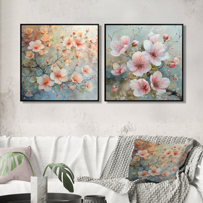 Rose gris rosé, branche de cerisier en fleurs I - art mural fleur de cerisier - art mural traditionnel pour le salon 2 pièces