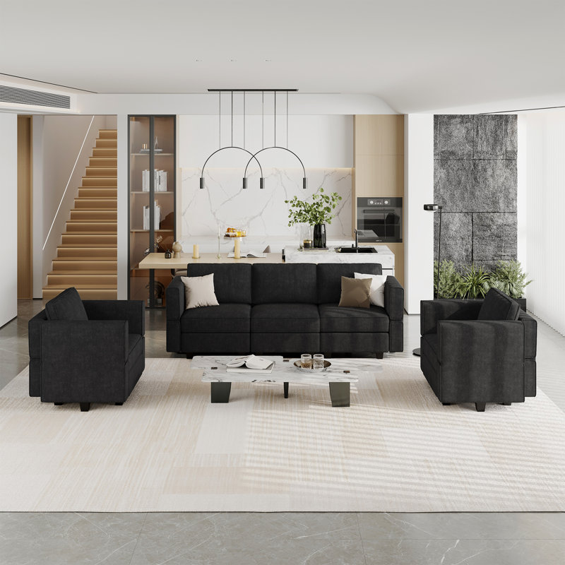 Ensemble de canapé modulaire en mélange de polyester 3 pièces Kimbrel, Noir