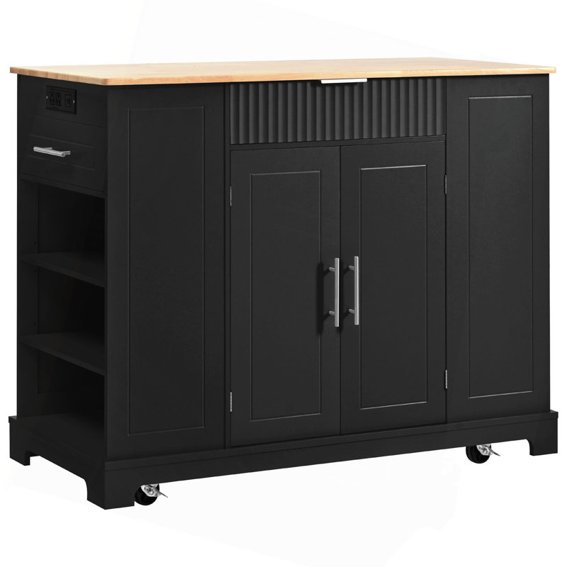 Fluted Kitchen Island With Trash Can Storage Cabinet, Power Outlet, Internal Storage Rack, Rolling Kitchen Islands On 5 Wheels With 3 Drawer, 3 Open Side Racks For 10 Gallon Garbage Bin