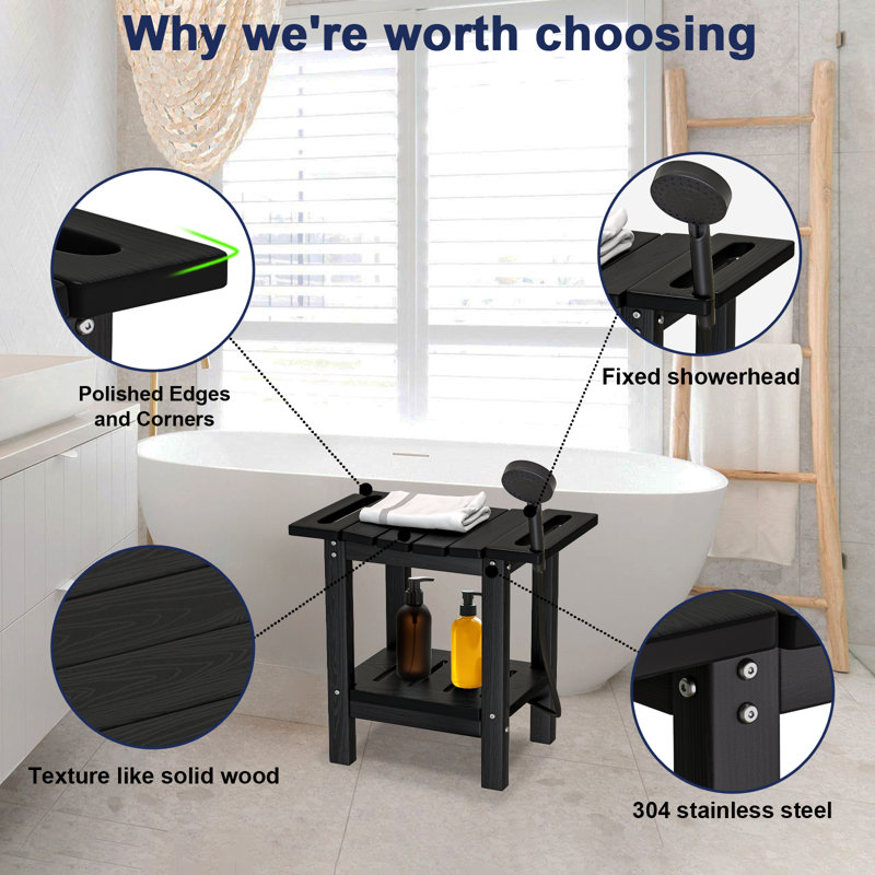 HDPE Waterproof Shower Stool – All-Weather Indoor/Outdoor Bench with Storage Shelf – Multipurpose Leg Shaving Seat & Side Table