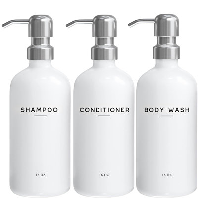Ensemble de distributeur de shampooing et revitalisant blanc - Distributeur de douche pour salle de bain - Bouteille de shampooing en plastique rechargeable et pompe en acier inoxydable - Distributeur de shampooing pour la location