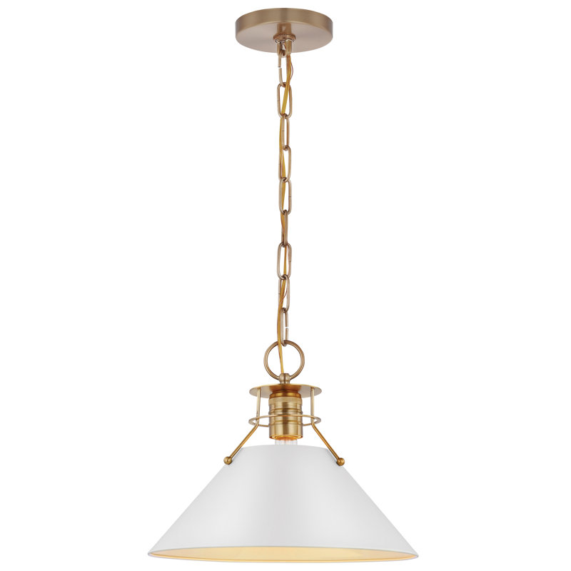 Rodarte 1-Light Dimmable Cone Pendant, 10" H x 13" W x 13" D, Matte White/Burnished Brass