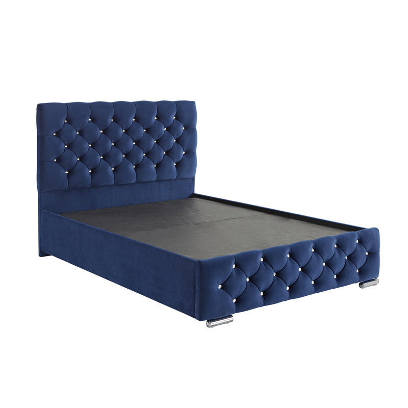 Terrence Upholstered Velvet Bed, Double (4'6), Plush Marine
