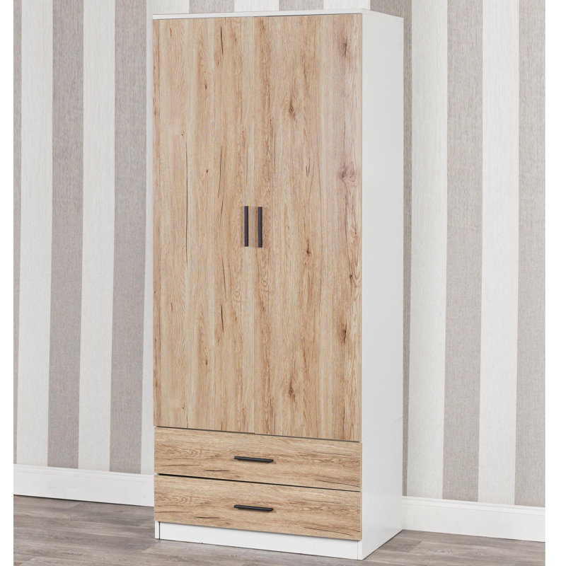 Gianpietro 2 Door Manufactured Wood Wardrobe, White Carcass/Oak Drawer