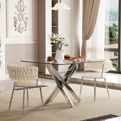 Ensemble de table de salle à manger transparent avec chaises rembourrées Weavon, ensemble de table de salle à manger carré moderne