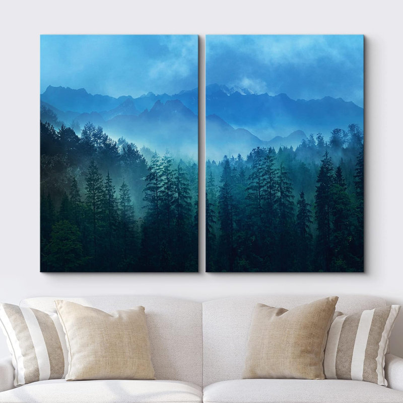 «Deep Blue Mountain Range Misty Forest Nature Rustic Landscape», impression sur toile, 2 pièces, H 36 po x l 48 po x P 1,5 po