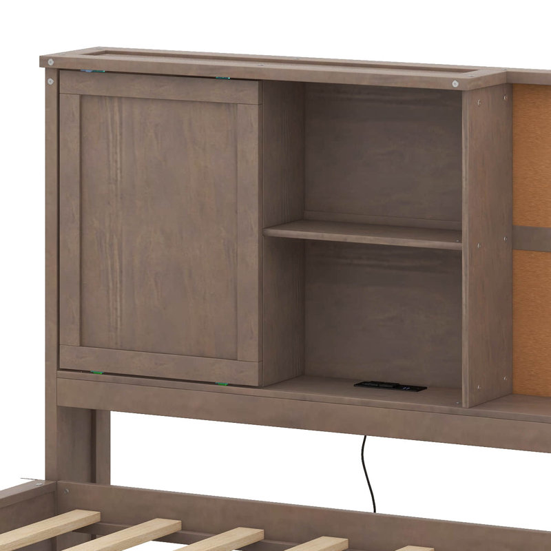 Lit de jour pour lit simple Britta avec tablettes, panneau de liège, ports USB et 3 tiroirs, Bois antique