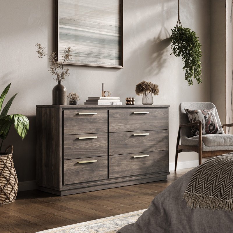 6 Drawer Dresser, 54" Width Wood Chest of Drawers, Brown
