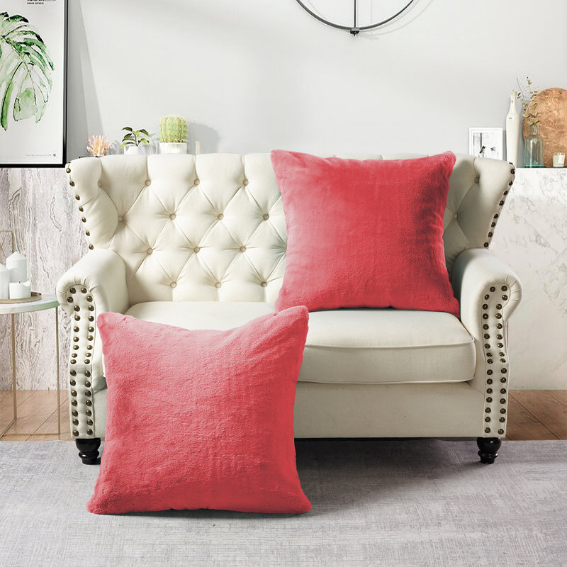 Heavy Faux Fur Throw Pillow Cover, Coral Spice, 26' H x 26' W