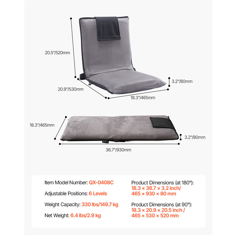 Chaise de plancher avec support de dossier et chaise de plancher pliante à 6 positions réglables