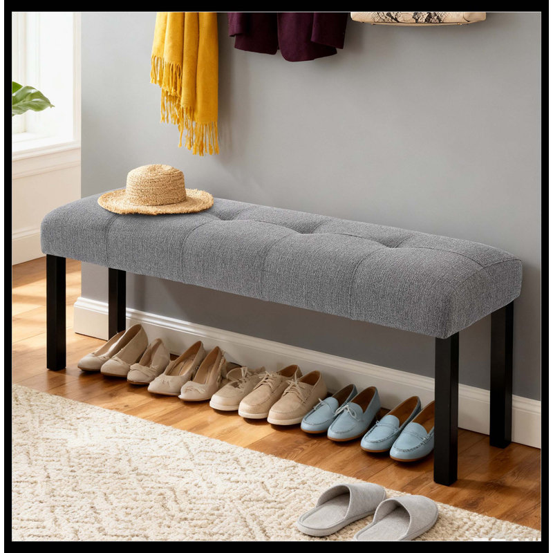 Modern Tufted Linen Dining Bench, Farmhouse Upholstered Entryway Bench With Black Rubber Wood Legs, Versatile For Kitchen, Bedroom, Hallway, Gray