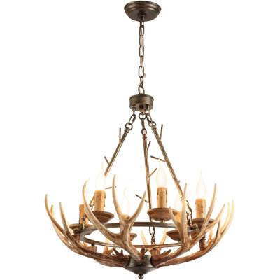 Rustic Antler Chandelier With 6 X E12 Lights, Farmhouse Resin Chandeliers For Countryside Style Decoration Vintage Antler Chandelier Lamp For Dining Room, Living Room