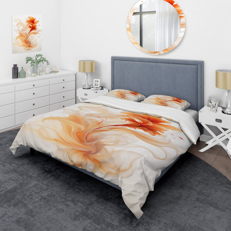 Watercolor Modern Floral In Orange - Ensemble de housse de couette abstrait - Microfibre de polyester