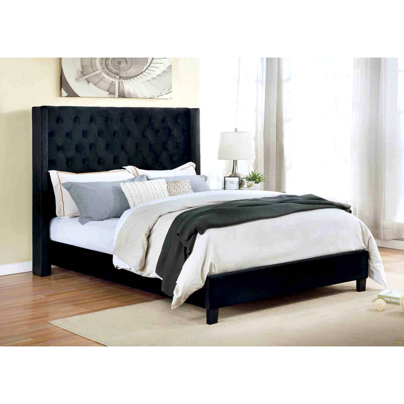 1Pc Queen Size Bed Fully Upholstered Frame Fabric Tufted HB Bedroom Wingback, Black, Queen