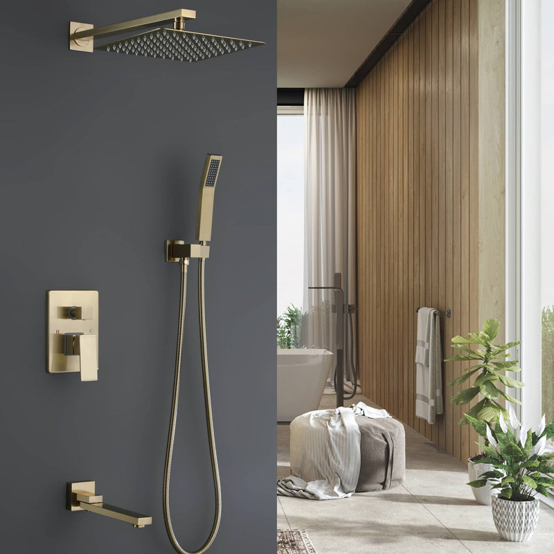 Système de douche complet avec valve brute et douchette et bec de baignoire à main, Or brossé