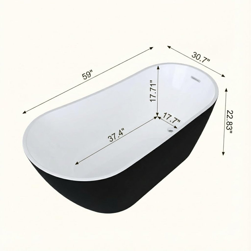 59" Freestanding Acrylic Bathtub, Deep Soaking Tub with Non-Slip Base & Chrome Drain, Modern Tub for Bathrooms, Black Upturned
