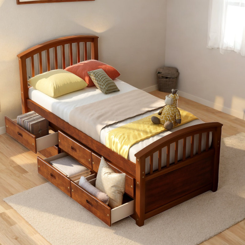 Herminio Solid Pinewood Twin Bed Frame with Drawers and Slat Support Storage Bed, Walnut