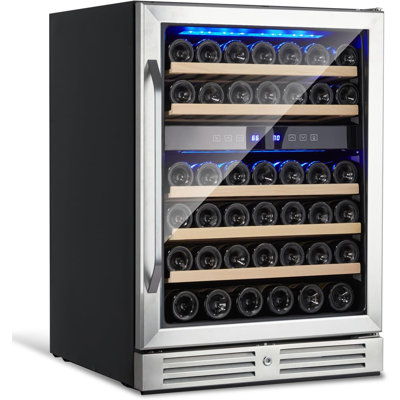 Réfrigérateur à vin, réfrigérateur à vin autoportant encastré en acier inoxydable à deux zones, porte en verre trempé à double couche avec serrure, cave à vin sous le comptoir