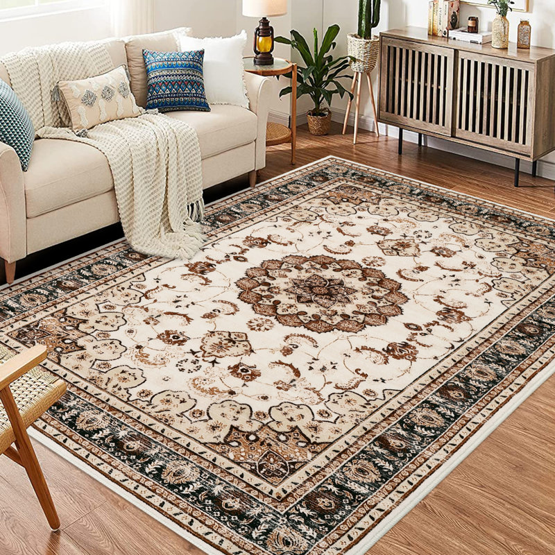 Washable Area Rug, Vintage Medallion Low Pile Non Slip Foldable Indoor Carpet, TPR Backing, Natural Tone, 9'x12', Brown