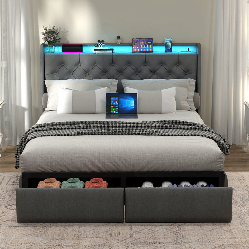 Structure de lit avec tête de rangement, lumière à DEL et station de charge USB - gris, Grand lit