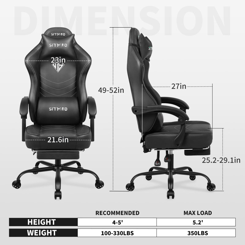 Ebern Designs Ergonomic Gaming Chair with Footrest for Adults-PU Leather PC Computer Gaming Chair, Black