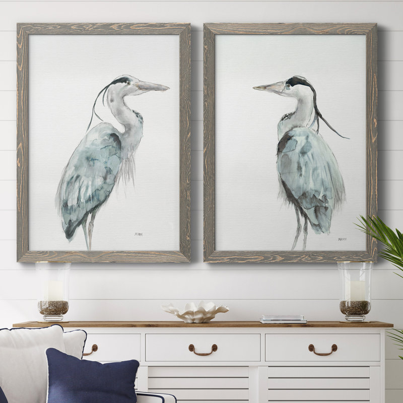 Blue Heron I - ensemble de 2 reproductions d'art sur toile encadrées, Encadré gris, H 31,5 po x l 47 po x P 1,5 po