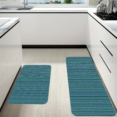 Teal Blue Striped Kitchen Mats, 2 Pack for Kitchen & Bathroom Home Decor