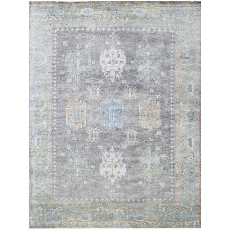 Tapis oriental rectangulaire en laine noué à la main gris / vert / brun clair, Rectangle 12 pi x 15 pi