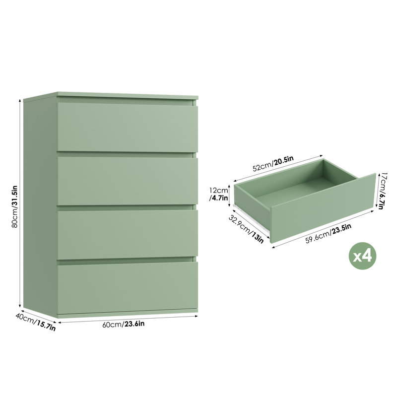 Ensemble de table de chevet 4 tiroirs, Vert Morandi