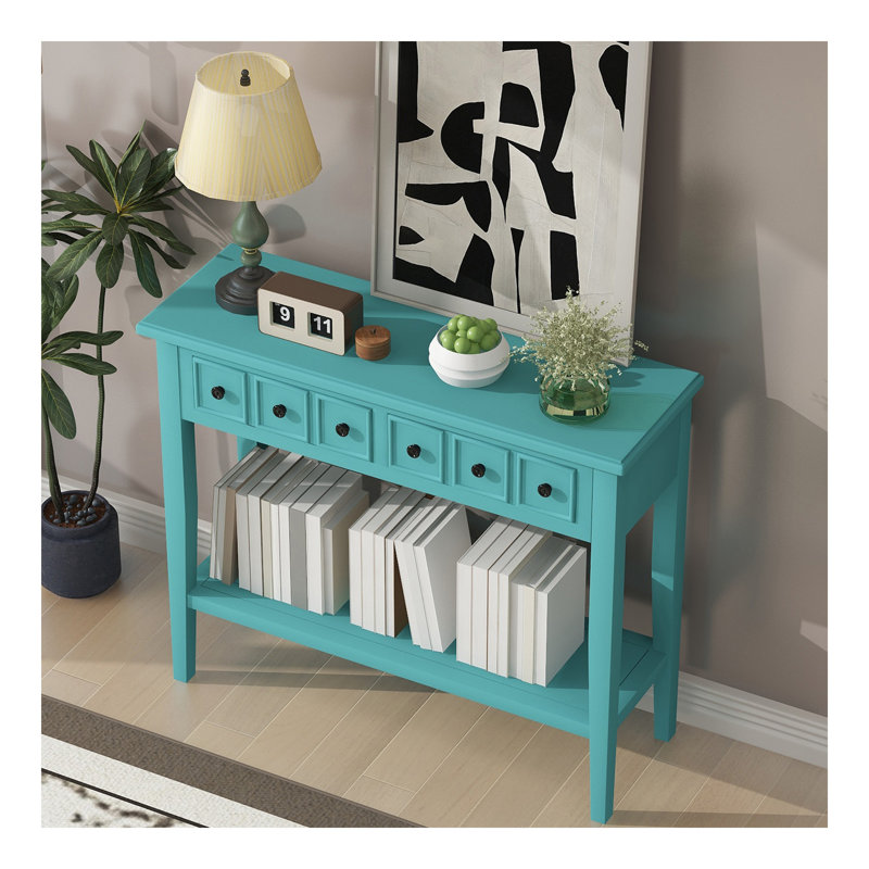 Table d'entrée avec 2 tiroirs, console rustique avec tablette ouverte et pieds en bois d'hévéa pour les entrées, les salons et les couloirs (bleu sarcelle)