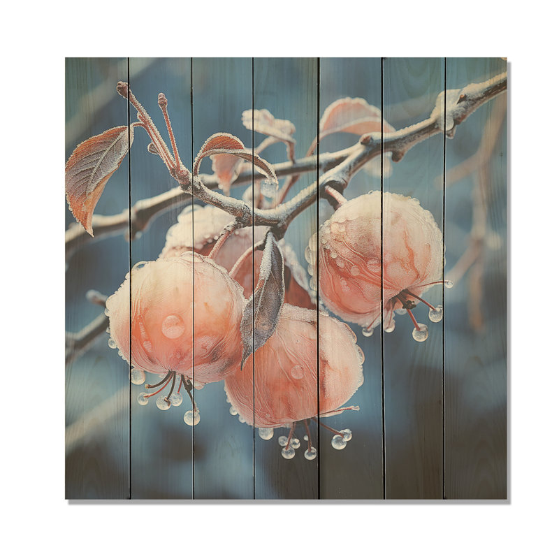 «Pink Frosty Winter Apple Orchard I» - Paysage d'hiver sur bois, H 25 po x l 25 po