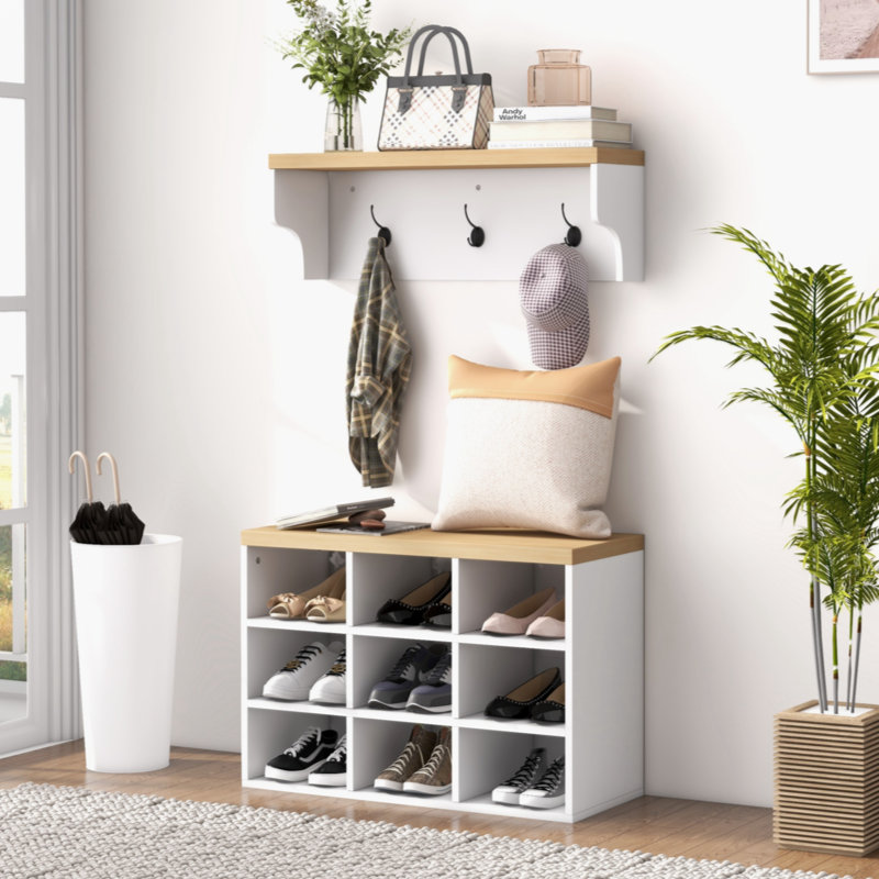 Olessya 2-in-1 Coat Shoe Bench Set, 9 Pair Storage Cabinet Rack with Hall Tree