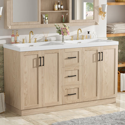 60" Double Sink Bathroom Vanity with SMC Sink, 4 Doors & 3 Drawers, Modern Wood Grain MDF Vanity Cabinet with Adjustable Shelves, Soft-Close Doors & Hidden Slides