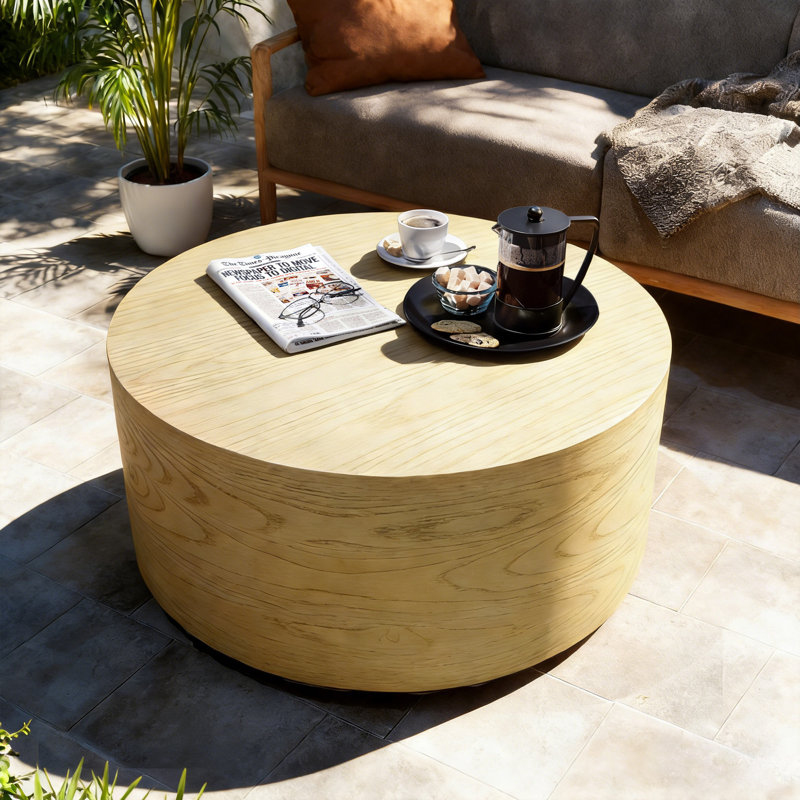 28'' Magnesium Oxide Outdoor Coffee Table with Wood-Look Textured Surface, Round, Natural Oak, Yellow