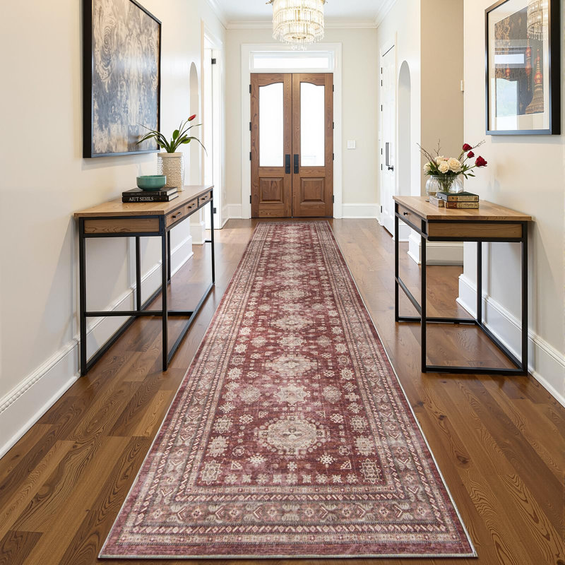 Boho Vintage Washable Indoor Rug - 2'x12', Non-Slip Hallway Runner Rug Entryway Runner, Farmhouse Style, Trendy Distressed Faded Carpet for Bedroom, Kitchen, Laundry, Burgundy