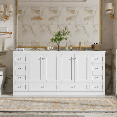 Meuble-lavabo autoportant de 72 po avec lavabo en céramique, tiroirs et portes à fermeture en douceur, design minimaliste moderne, grand espace de rangement