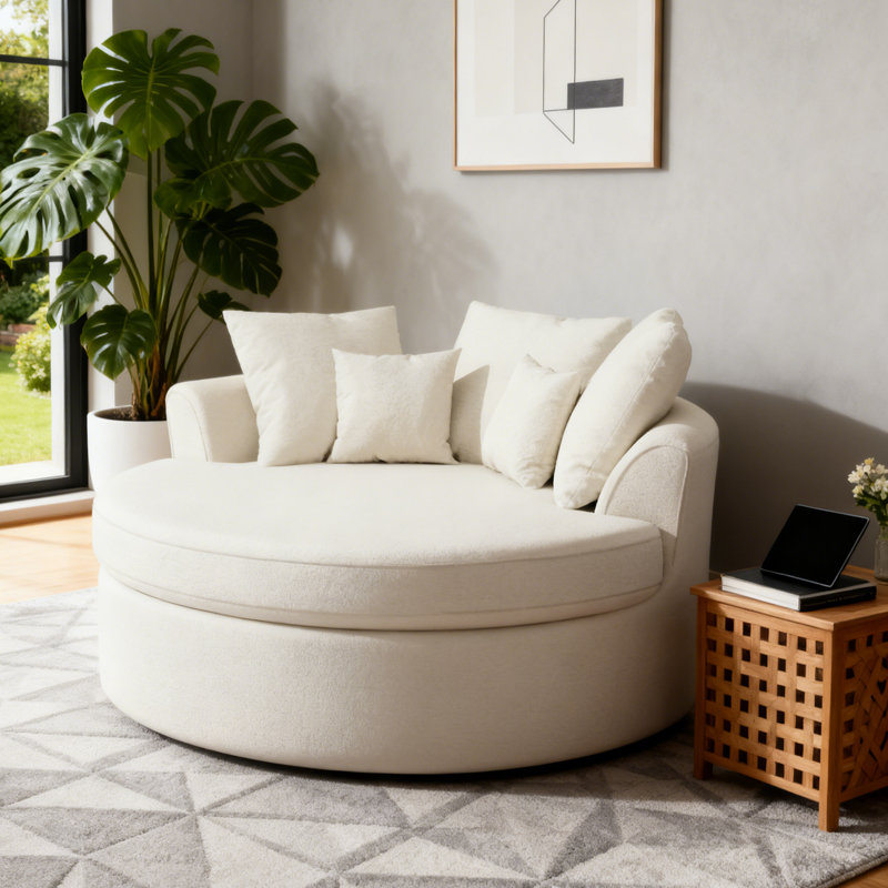 Boneless 61''W Chenille Large Round Accent Sofa, Modern Sleeper Sofa, No Assembly Required, White