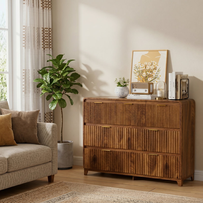 Commode à 7 tiroirs 47,2 po, avec commode en bois et poignées dorées pour chambre à coucher, salon et couloir, Noyer