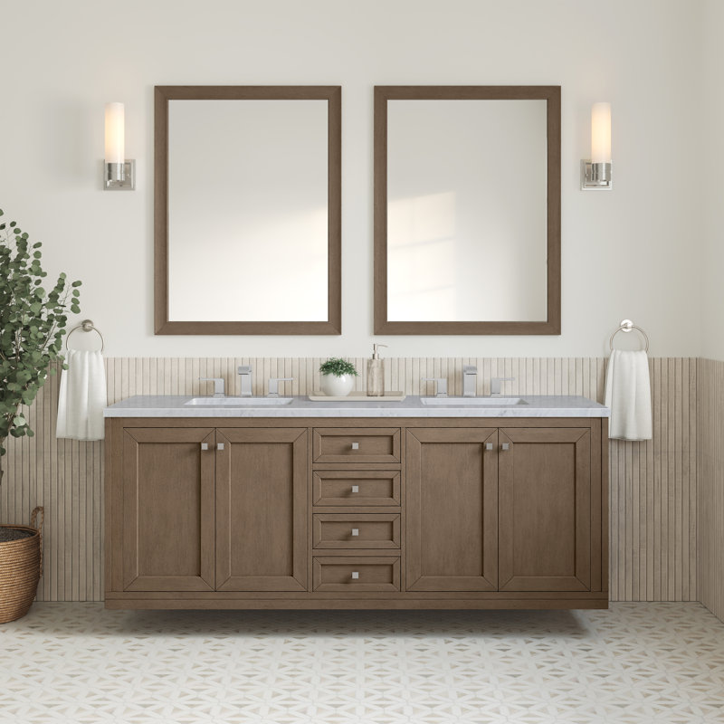 Chicago 72'' W Double Vanity, Walnut Whisper, Carrara White, 8" Widespread