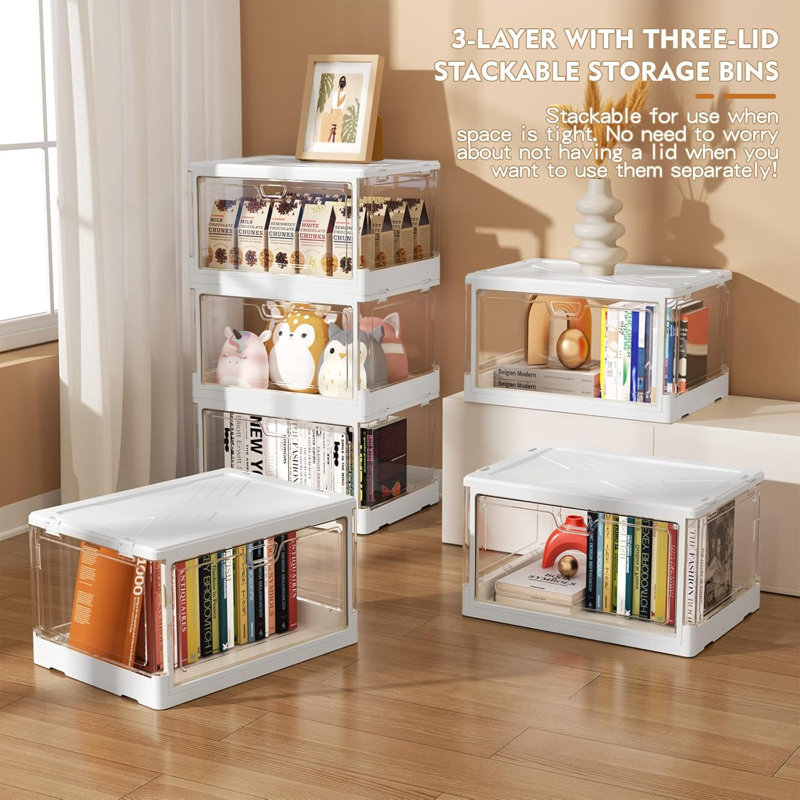 Clear Storage Bin with Lid 3 Pack-Plastic Multifunctional Folding Storage Bins for Bedroom
