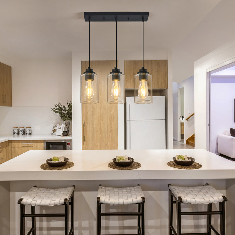 3-Light Industrial Kitchen Island Transparent Glass Pendant Light, Matte Black