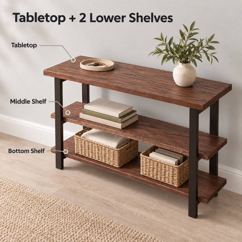 Console en bois massif à 3 niveaux de 122 cm (48 po) avec tablettes ouvertes, couleur noyer