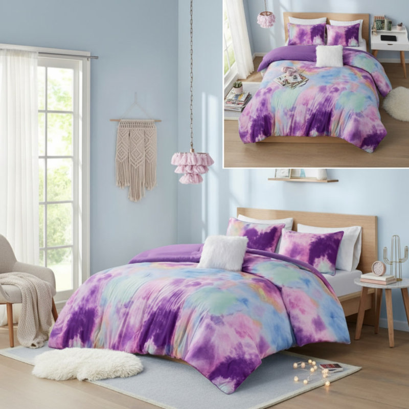 Ensemble d'édredon à imprimé teinture sur nœuds double / grand avec coussin décoratif, L 90 po x l 90 po, Multicolor 2