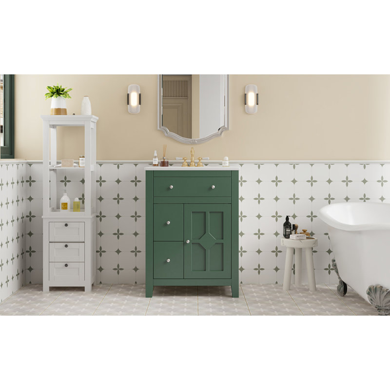 Meuble-lavabo de 24 po avec lavabo en céramique, charnières silencieuses, deux tiroirs et tablettes réglables pour une petite organisation