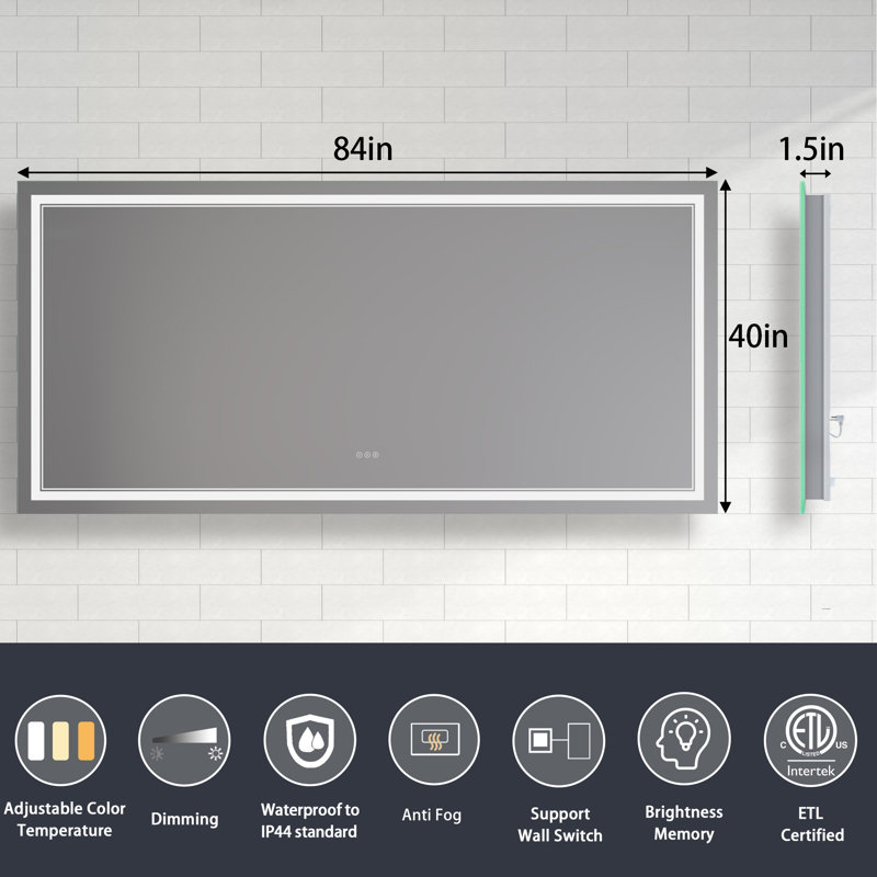 Miroir de salle de bain à DEL à intensité variable avec fonction de désembuage, 40 po x 84 po, Rectangle