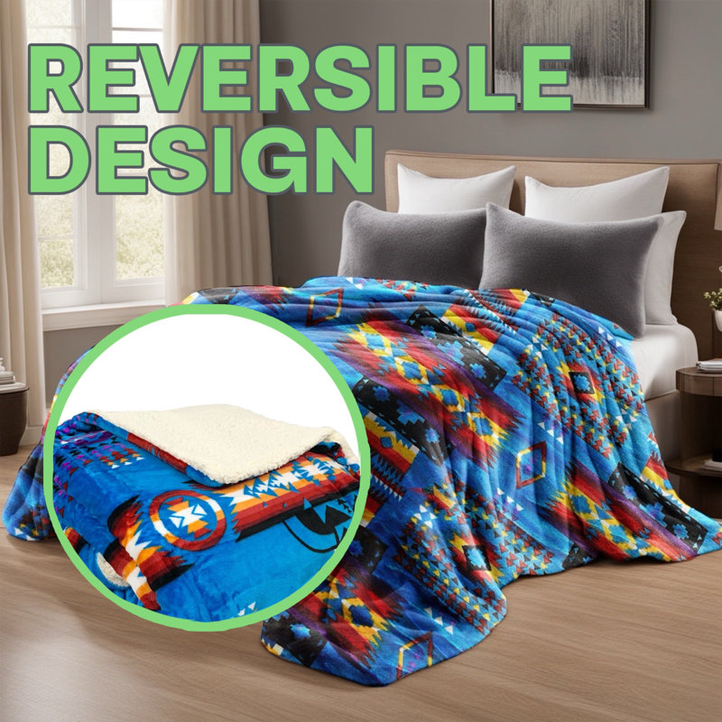 Blue Southwestern Queen Sherpa Fleece Reversible Throw Blanket