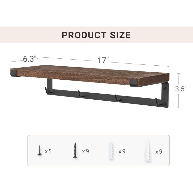 Support mural pour tasse à café avec crochets, paquet de 2 tablettes en bois, brun | Conception peu encombrante, de rangement et suspendue, convient aux ustensiles et aux canettes d'épices