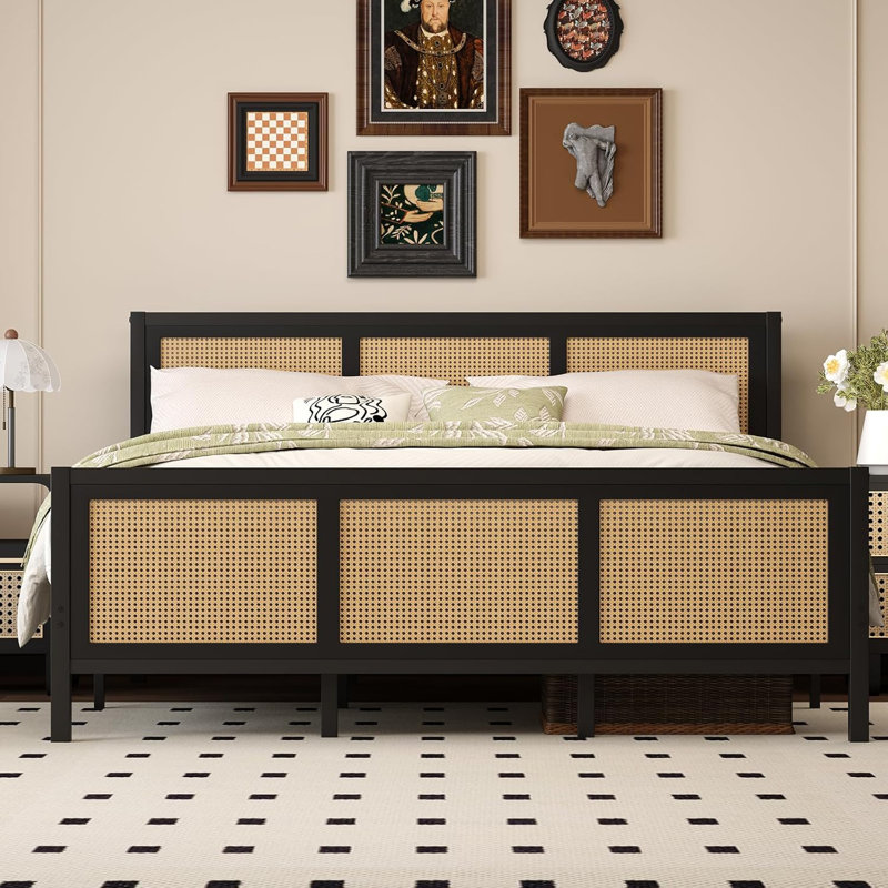 Rattan Bed Frame With Headboard, Boho Cane Platform Bed Frame With Strong Metal Slat, Noise Free, Queen, Black